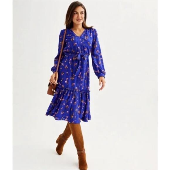 NWT Draper Jaems RSVP Tie Waist Mide Dress Cobalt Blue Floral Large - Picture 1 of 14